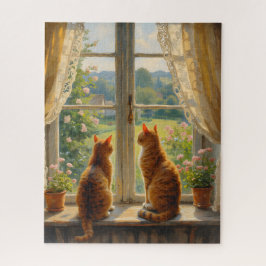 Quebra-cabeça Dois gatos sentados em um assento de janela da baí