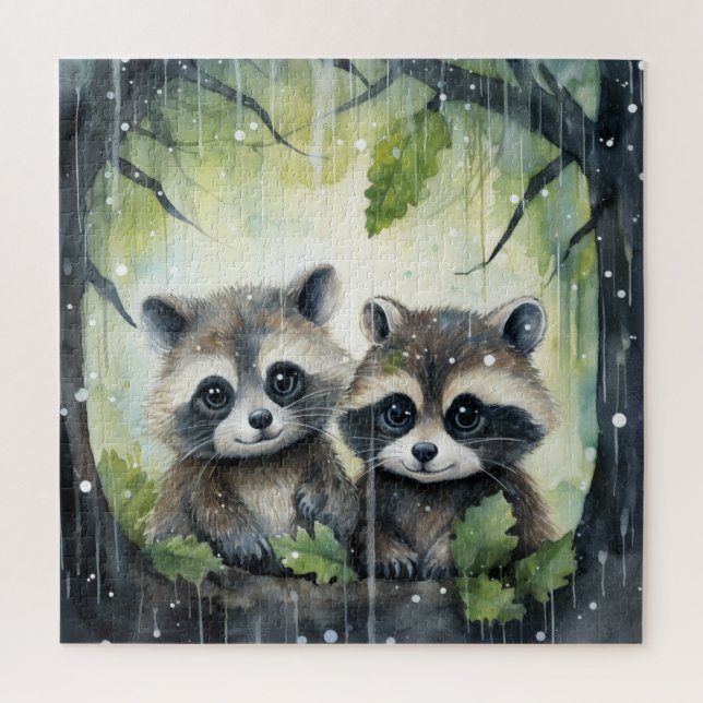 Quebra-cabeça Dois guaxinins bebês na chuva (Vertical)