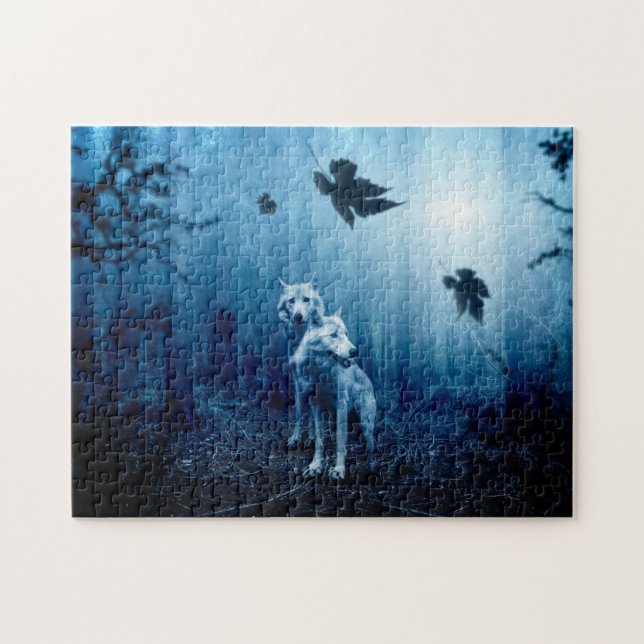 Quebra-cabeça Dois lobos brancos na floresta selvagem (Horizontal)