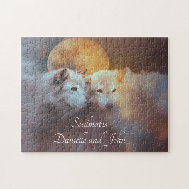 Quebra-cabeça Dois Lobos com Nomes Personalizados Soulmates (Horizontal)