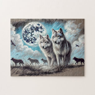 Quebra-cabeça Dois Lobos em Lua com Pacote