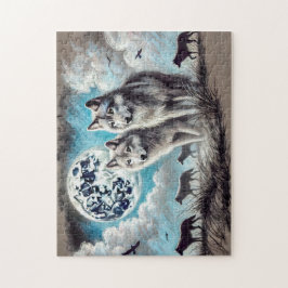 Quebra-cabeça Dois Lobos em Lua com Pacote