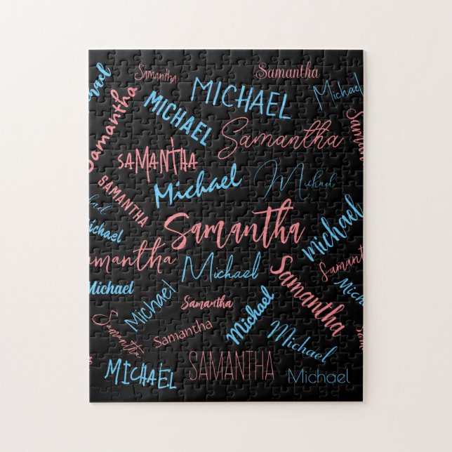 Quebra-cabeça Dois nomes casal padrão monograma rosa claro azul (Vertical)