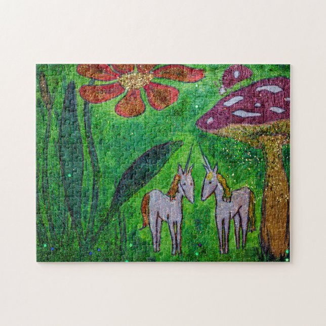 Quebra-cabeça Dois unicórnios sob um Cogumelo (Horizontal)