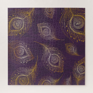 Quebra-cabeça Dourada pena de pavão, fundo violeta.