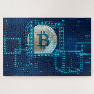 Quebra-cabeça Dourado Bitcoin Cryptocurrency Blocchain Blue Silv
