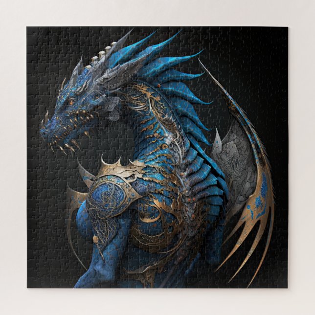 Quebra-cabeça Dragão azul Steampunk com asas metálicas arte AI (Vertical)