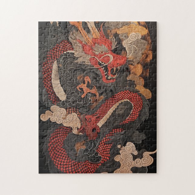 Quebra-cabeça Dragão chinês texturizado com chamas (Vertical)