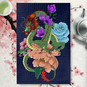 Quebra-cabeça Dragão Chinês Verde Místico Floral Azul Marinho