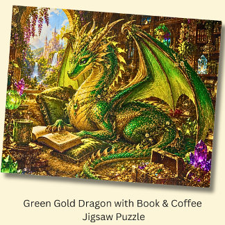 Quebra-cabeça Dragão Dourado Verde com Livro e Café
