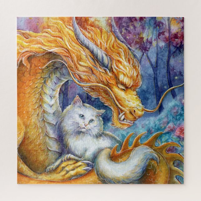 Quebra-cabeça Dragão Fiery e Gato Branco em Floresta Mística (Vertical)