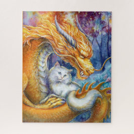 Quebra-cabeça Dragão Fiery e Gato Branco em Floresta Mística