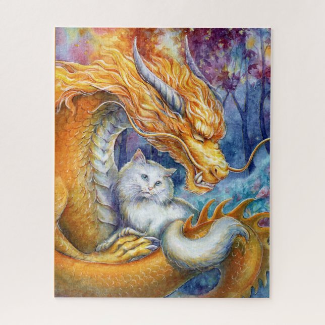 Quebra-cabeça Dragão Fiery e Gato Branco em Floresta Mística (Vertical)