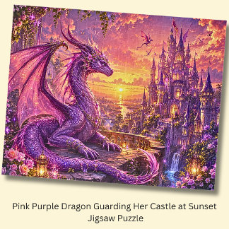 Quebra-cabeça Dragão Roxo Rosa Protegendo Seu Castelo ao Pôr do