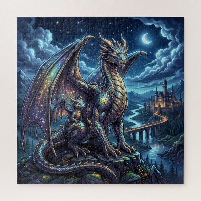 Quebra-cabeça Dragões Pai e Filho Celestiais ao Luar   (Vertical)