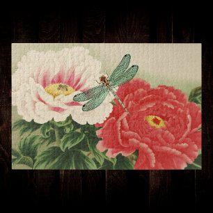 Quebra-cabeça Dragonfly em Vintage Peonies Botânicos Japoneses