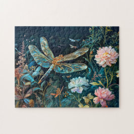 Quebra-cabeça Dragonfly no Night in a Garden com Peonies e Gr