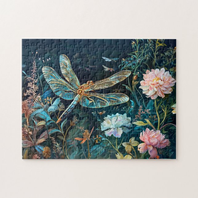 Quebra-cabeça Dragonfly no Night in a Garden com Peonies e Gr (Horizontal)