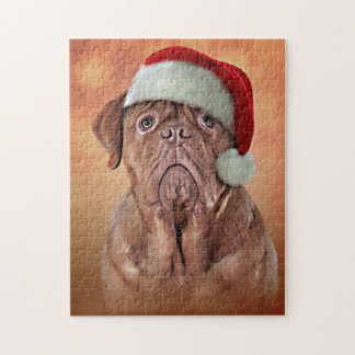Quebra-cabeça Drawing dog Dogue de Bordeaux in red hat of Santa