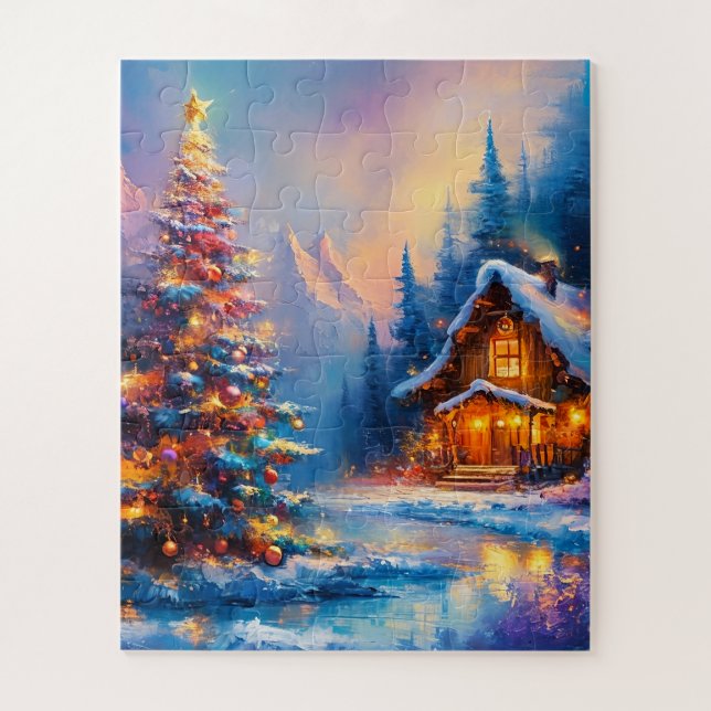 Quebra-cabeça Dreamy Whimsical Mountain Cabine de Natal (Vertical)