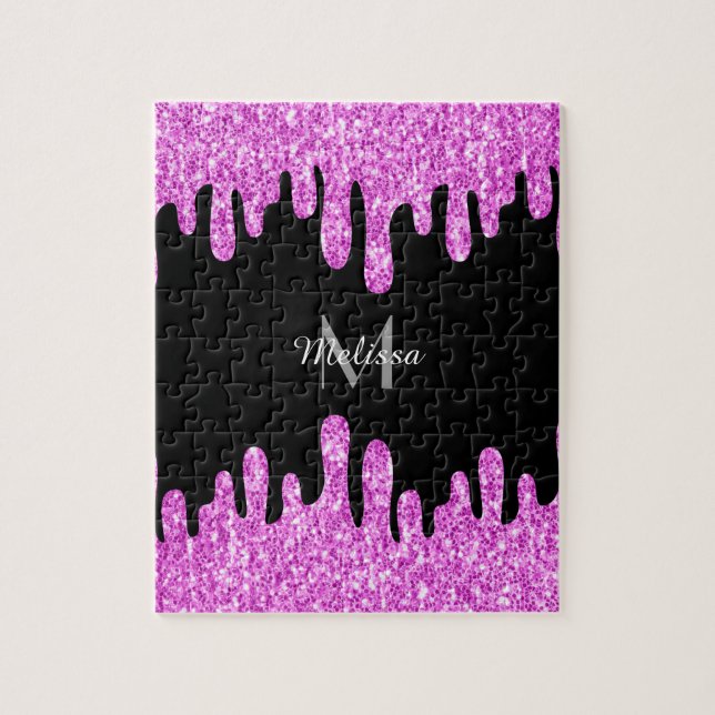 Quebra-cabeça Dripping Sparkles Glitter Pink Black Monogram (Vertical)