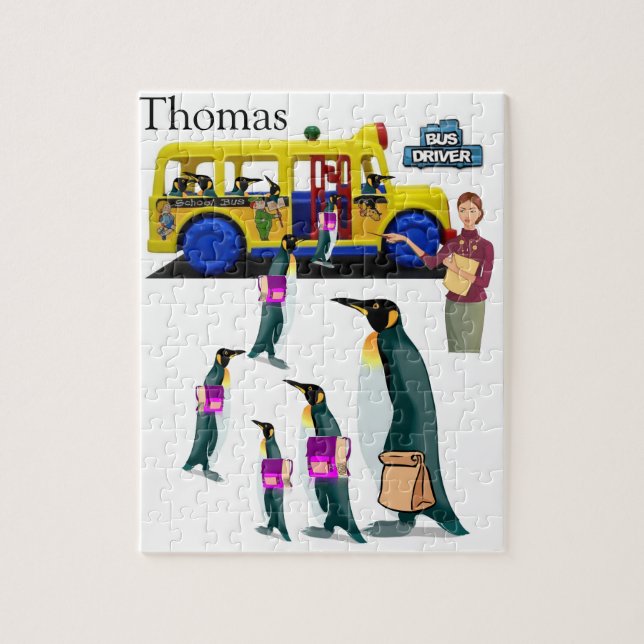 Quebra-cabeça Driver de barramento escolar de pinguim preto e br (Vertical)