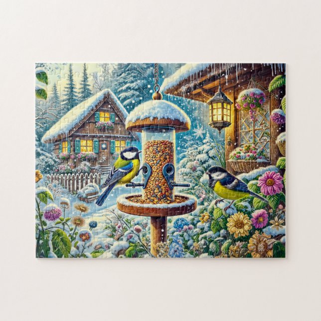 Quebra-cabeça Duas aves-Excelente no alimentador no inverno (Horizontal)