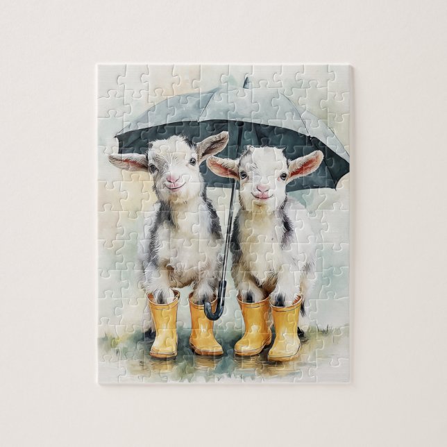 Quebra-cabeça Duas Cabras de Bebê em um Dia de Chuva (Vertical)