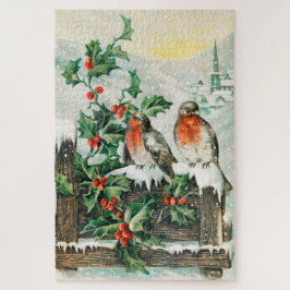 Quebra-cabeça Duas robins em uma cerca na neve