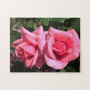 Quebra-cabeça duas rosas perfeitas cor de rosa quente. amor