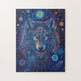 Quebra-cabeça Dunkler Wolf mit Mandala magischer Sternenhimmel