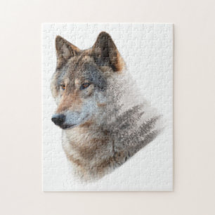 Quebra-cabeça Dupla Exposição da Floresta na Cabeça de Lobo