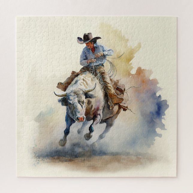 Quebra-cabeça Dusty Western Watercolor "Rodeo Bull Rider" (Vertical)
