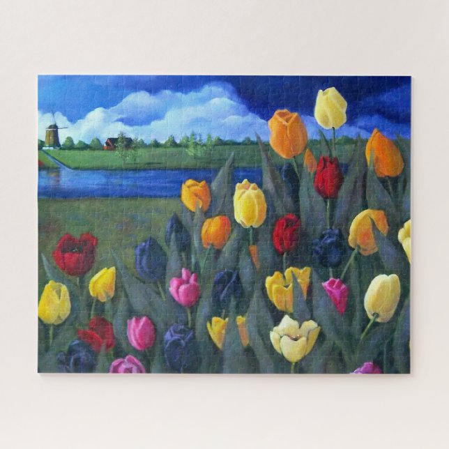 Quebra-cabeça Dutch Tulips Painting and Windmill, Netherlands  (Horizontal)