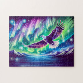 Quebra-cabeça Eagle Voando Sobre Luzes Nortes Do Lago Montanha