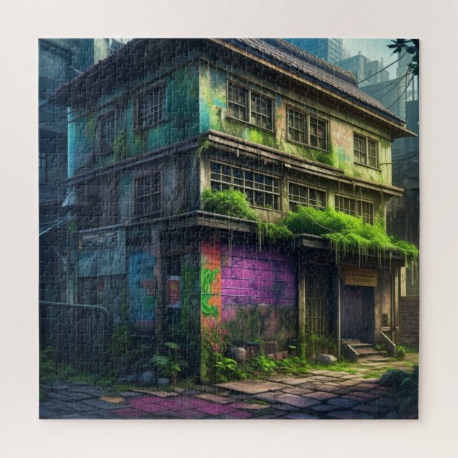Quebra-cabeça Edifício Abandonado com Grafite Roxo Decadência Ur (Vertical)
