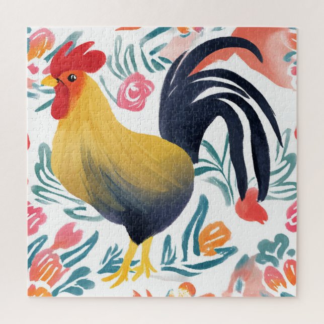 Quebra-cabeça Edna the Rooster | Watercolor Floral Chicken (Vertical)