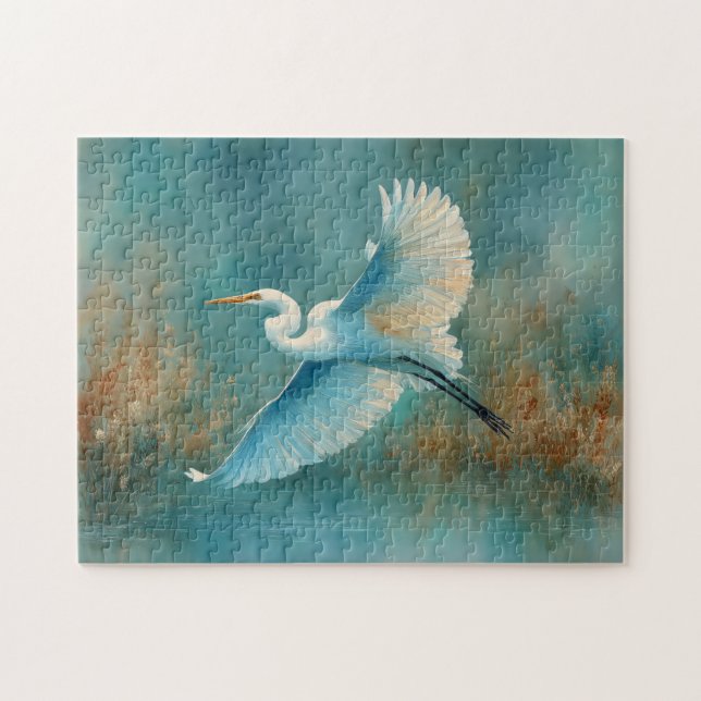 Quebra-cabeça Egrete Branco na Aquarela de Voo (Horizontal)