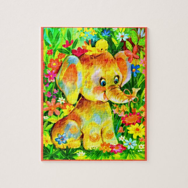 Quebra-cabeça elefante bebê e pássaro (Vertical)