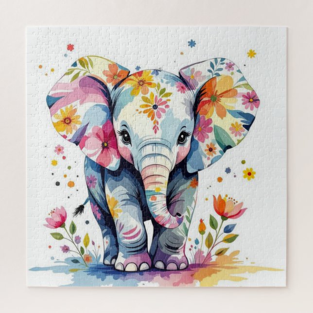 Quebra-cabeça Elefante De Aquarela Floral (Vertical)