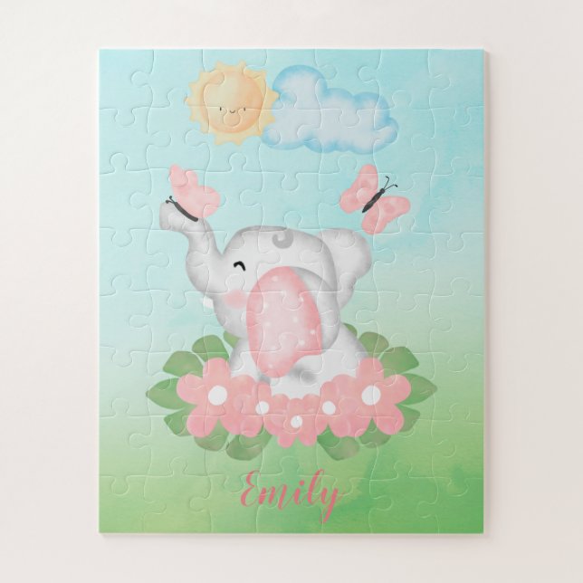 Quebra-cabeça Elefante de Bebê Bonito com flores rosa (Vertical)