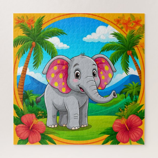 Quebra-cabeça Elefante de Cartoons Coloridos na Paisagem Tropica (Vertical)