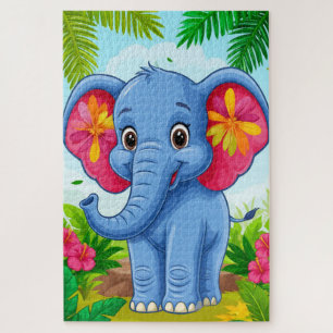Quebra-cabeça Elefante de Desenho Animado Azul Vibrante na Selva