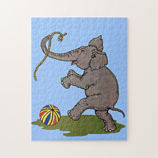 Quebra-cabeça elefante feliz brincando com corda e bola (Vertical)