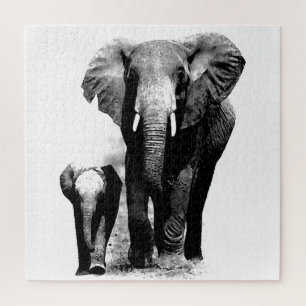Quebra-cabeça Elefante Preto e Branco e Bebê - Arte Animais
