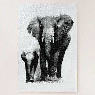 Quebra-cabeça Elefante Preto e Branco e Bebê - Arte Animais