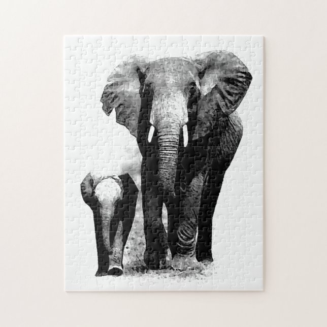 Quebra-cabeça Elefante Preto e Branco e Bebê - Arte Animais (Vertical)