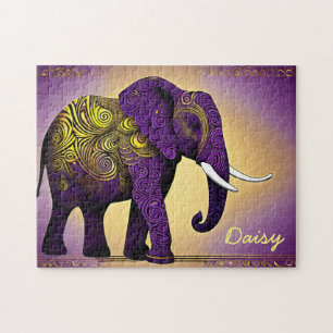 Quebra-cabeça Elefante púrpura majestoso com espirais de Ouro