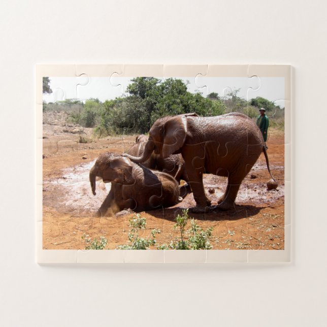 Quebra-cabeça Elefantes para bebês lavando animais (Horizontal)