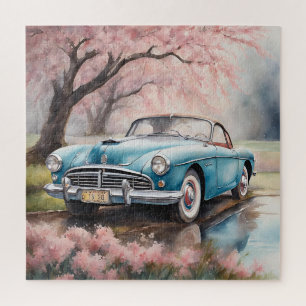 Quebra-cabeça Elegância Azul: Carro Antigo em Aquarela